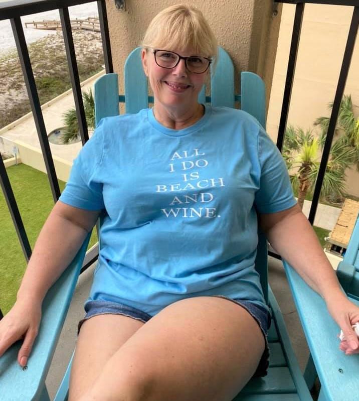 All I do Beach and Wine blue tee/Karen