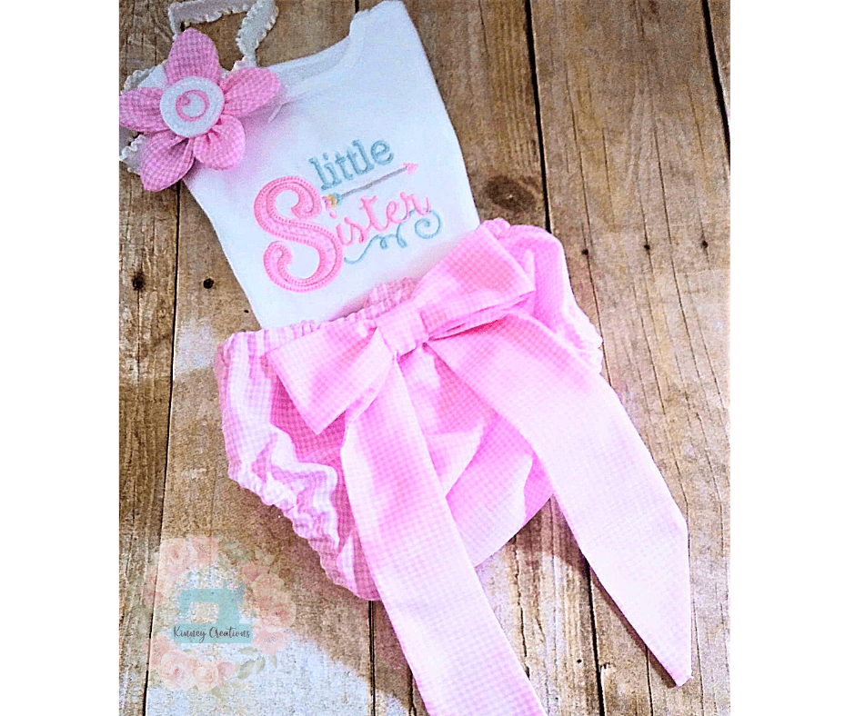 Pink gingham little sister bodysuit diaper cover with flower initial handband