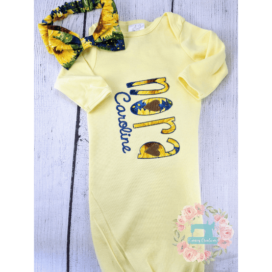 Sunflower baby gown headband set